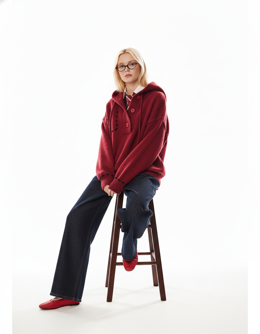 Stitch Detail Knit Hoodie