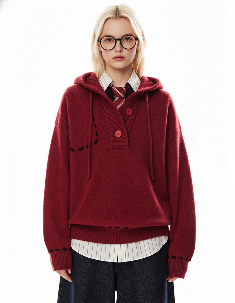 Stitch Detail Knit Hoodie