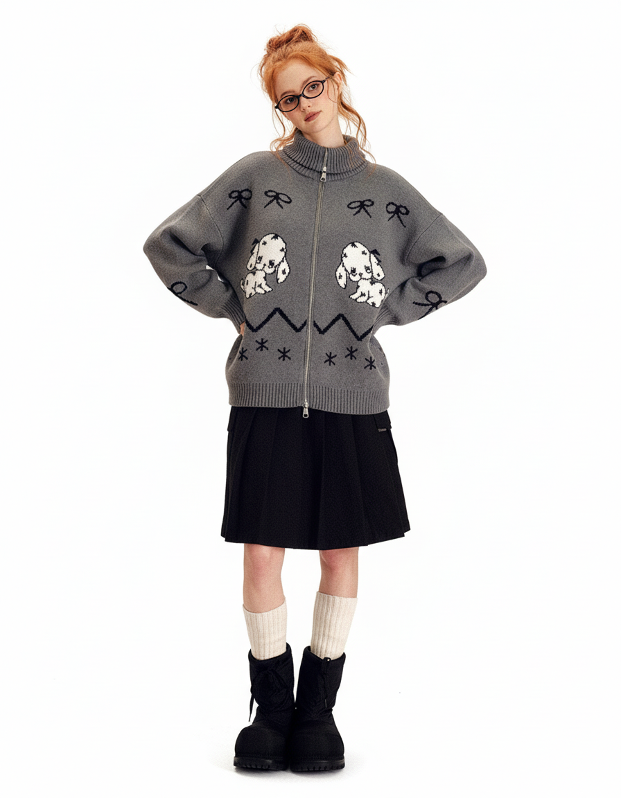 Playful Jacquard Zip Cardigan