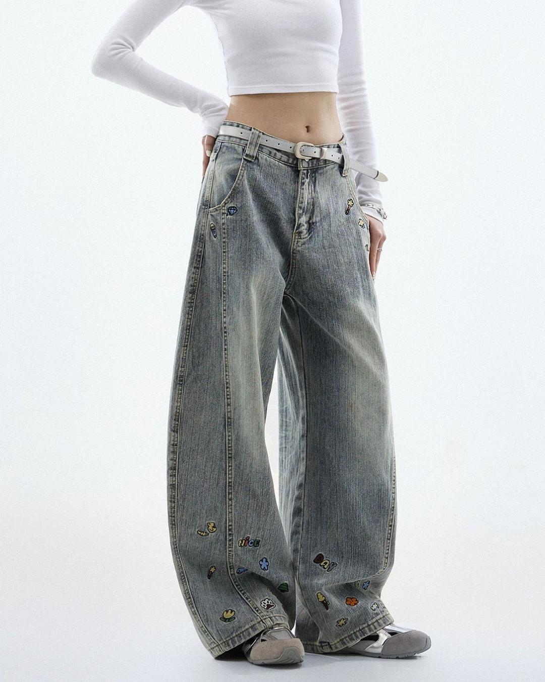 Cartoon Sticker Washed Baggy Jeans