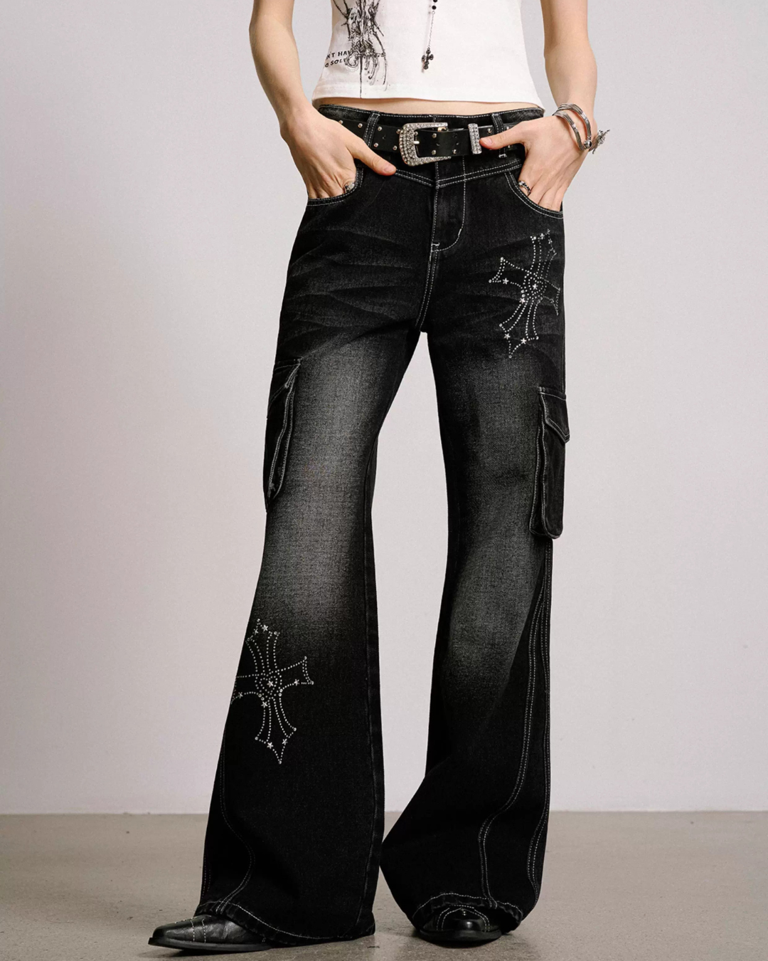 Cross Print Vintage Cargo Flare Jeans