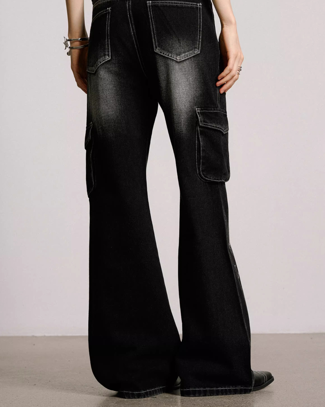 Cross Print Vintage Cargo Flare Jeans