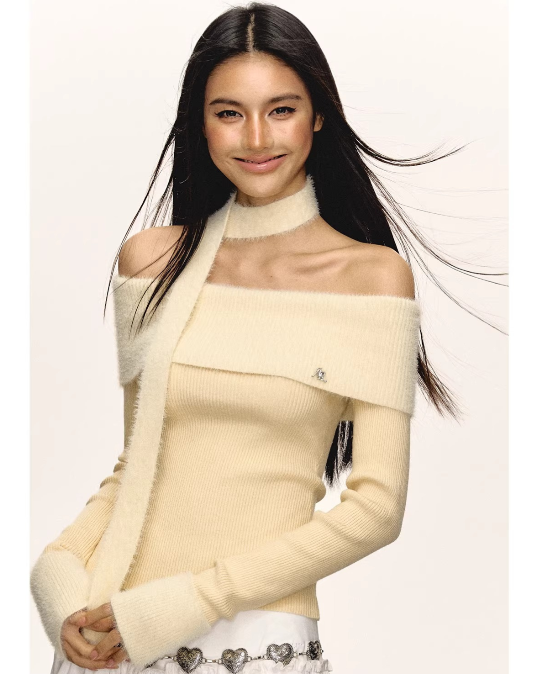 Off-Shoulder Scarf Set Rib Knit