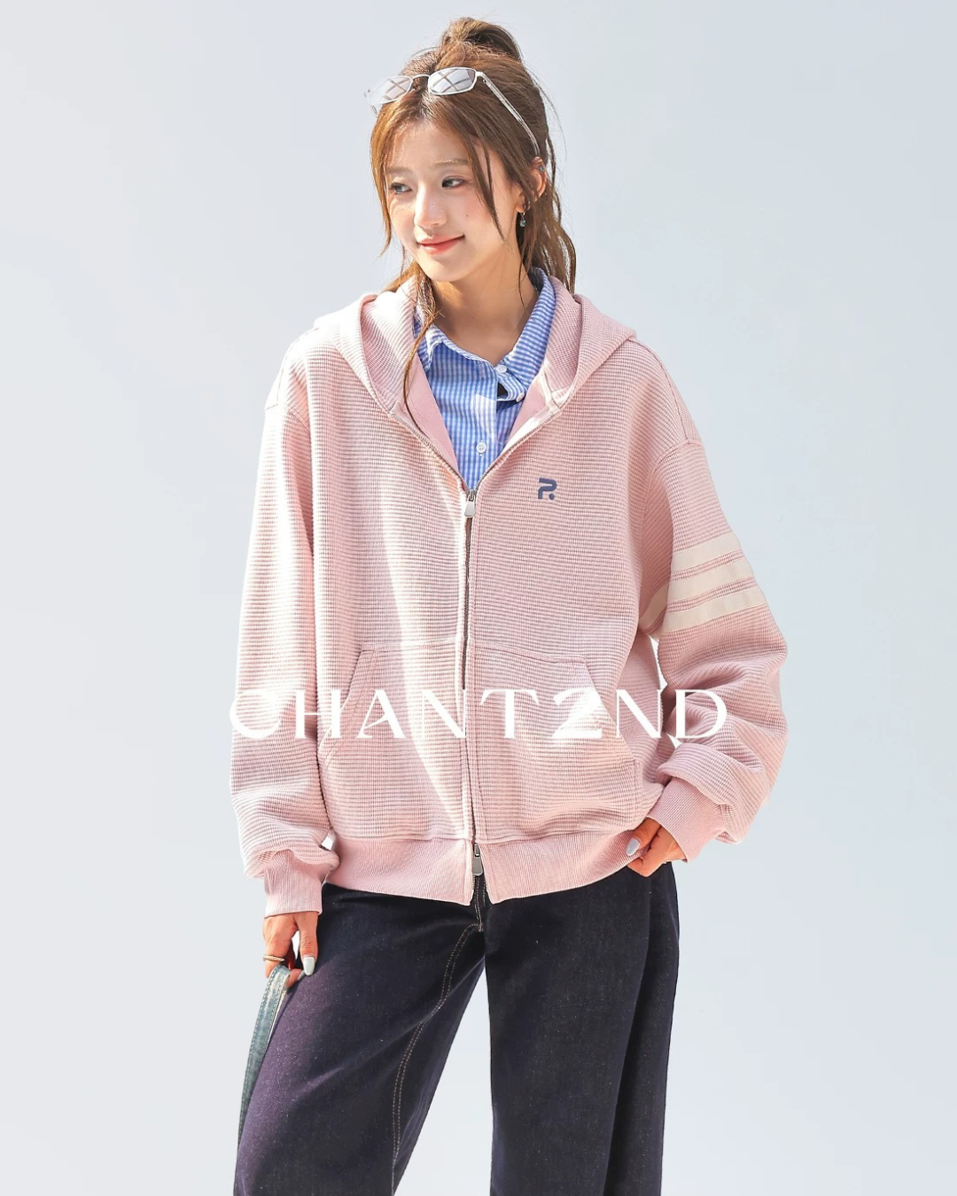 Waffle Stripe Zip-Up Hoodie