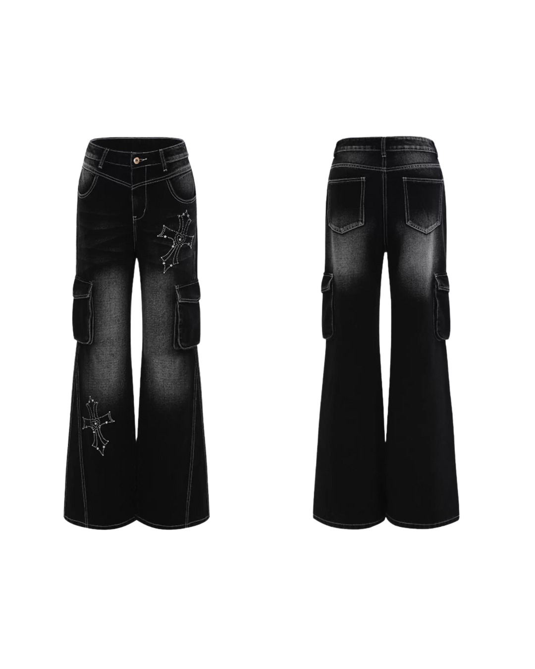 Cross Print Vintage Cargo Flare Jeans