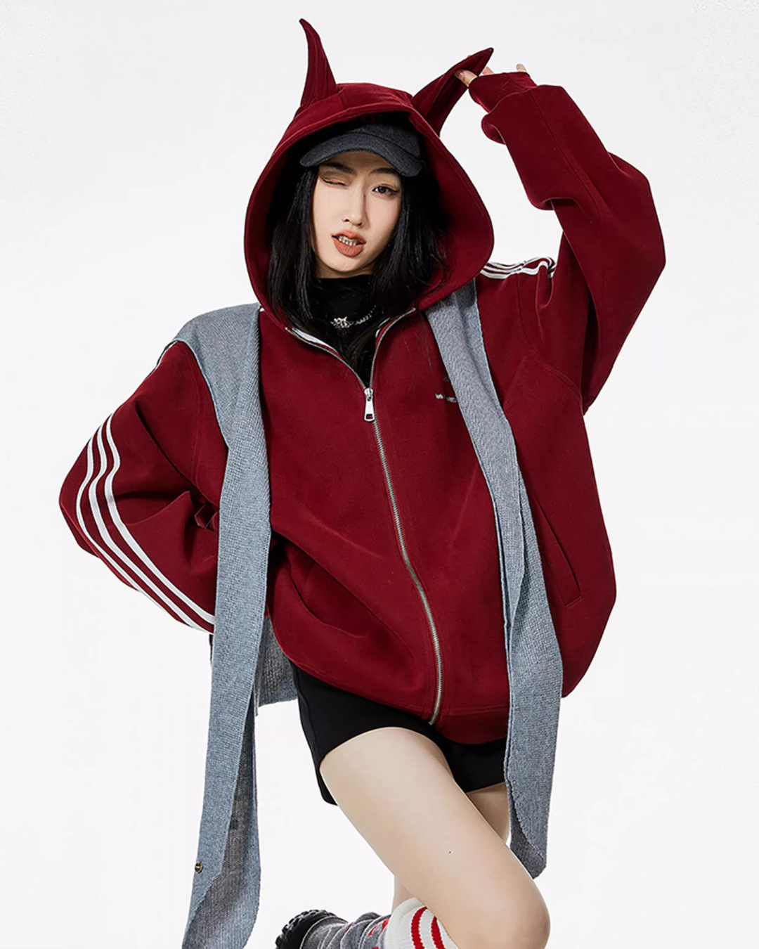 Cat Ear Line Track Zip Hoodie