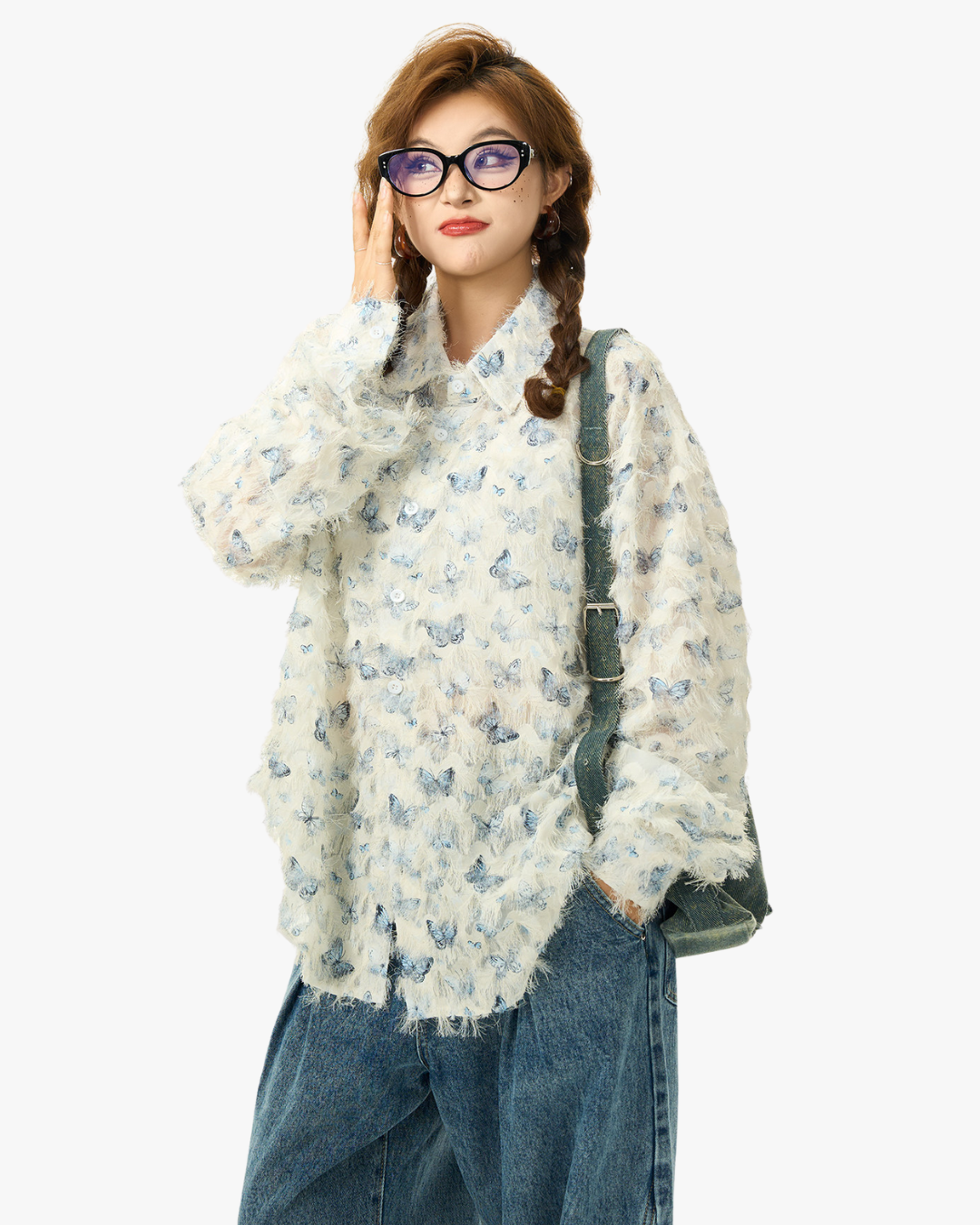 Butterfly Pattern Fringed Tulle Shirt