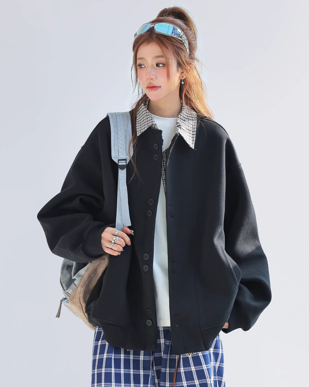 Plaid Accent Varsity Jacket