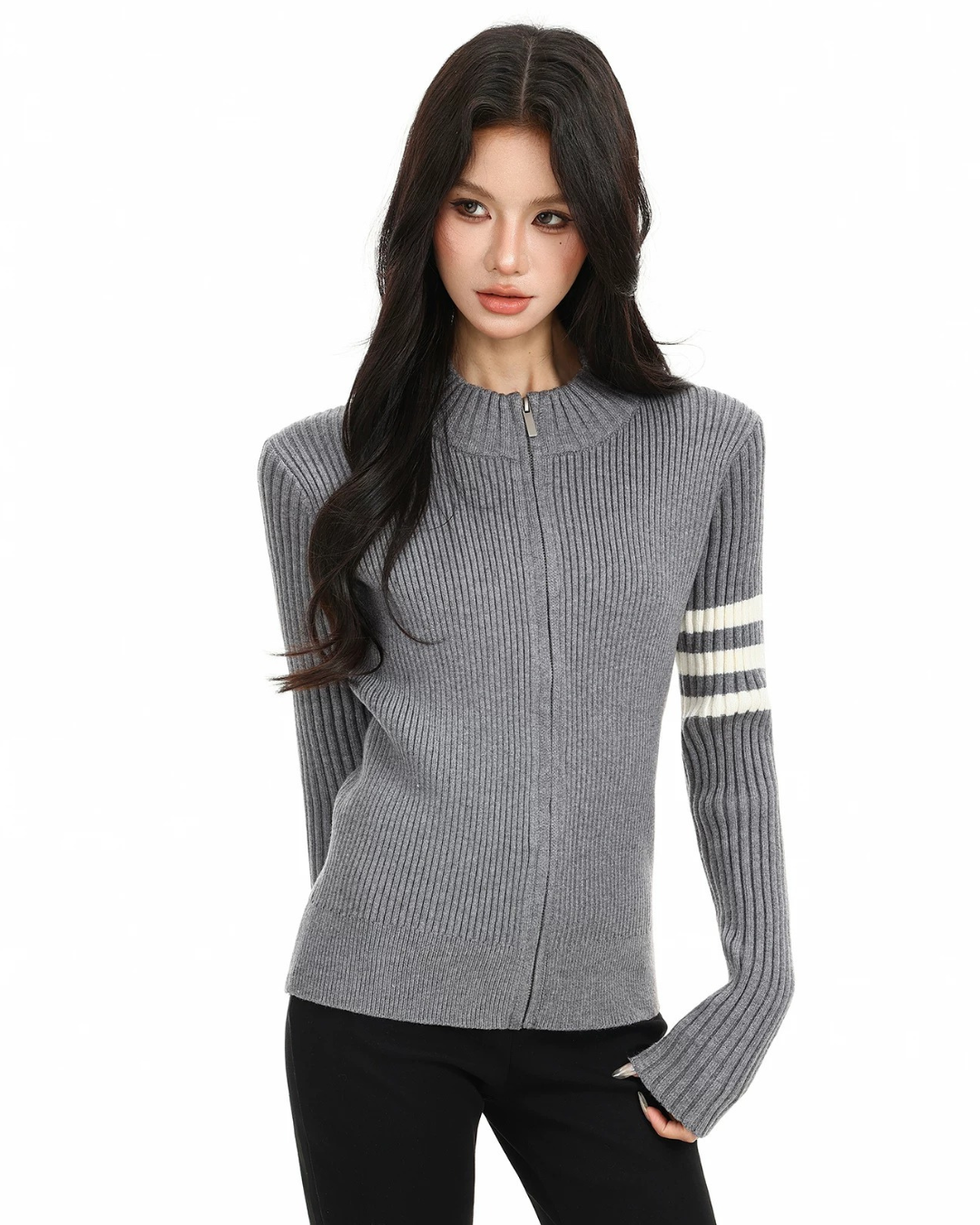 Ribbed Varsity Zip-up Knit