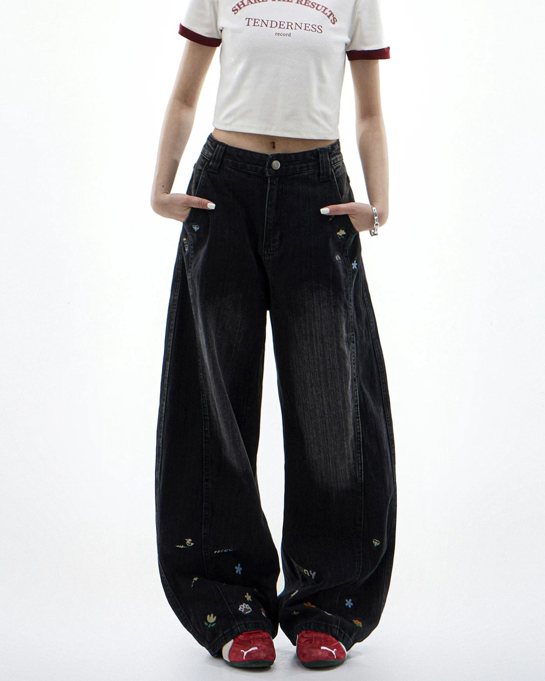 Cartoon Sticker Washed Baggy Jeans