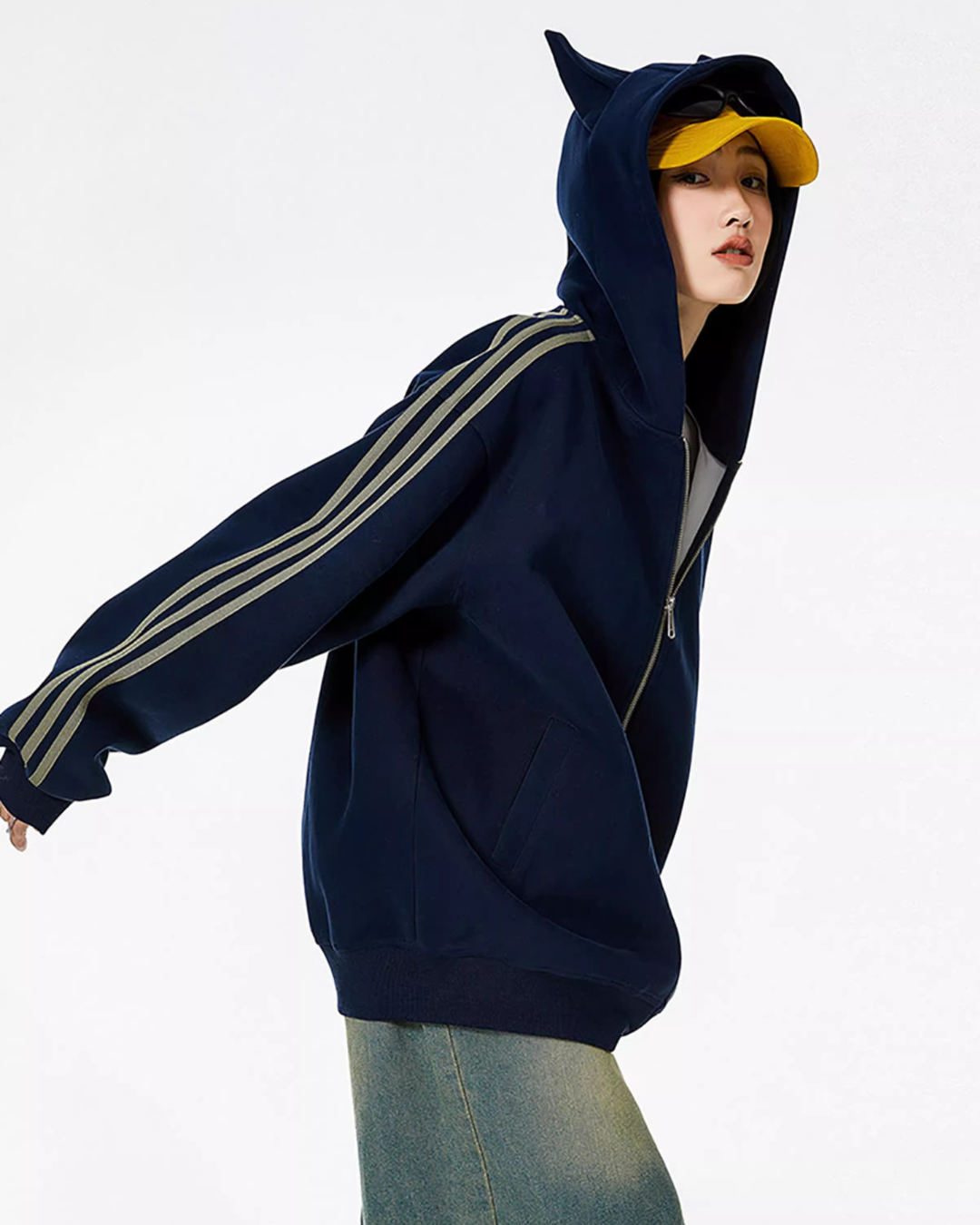 Cat Ear Line Track Zip Hoodie