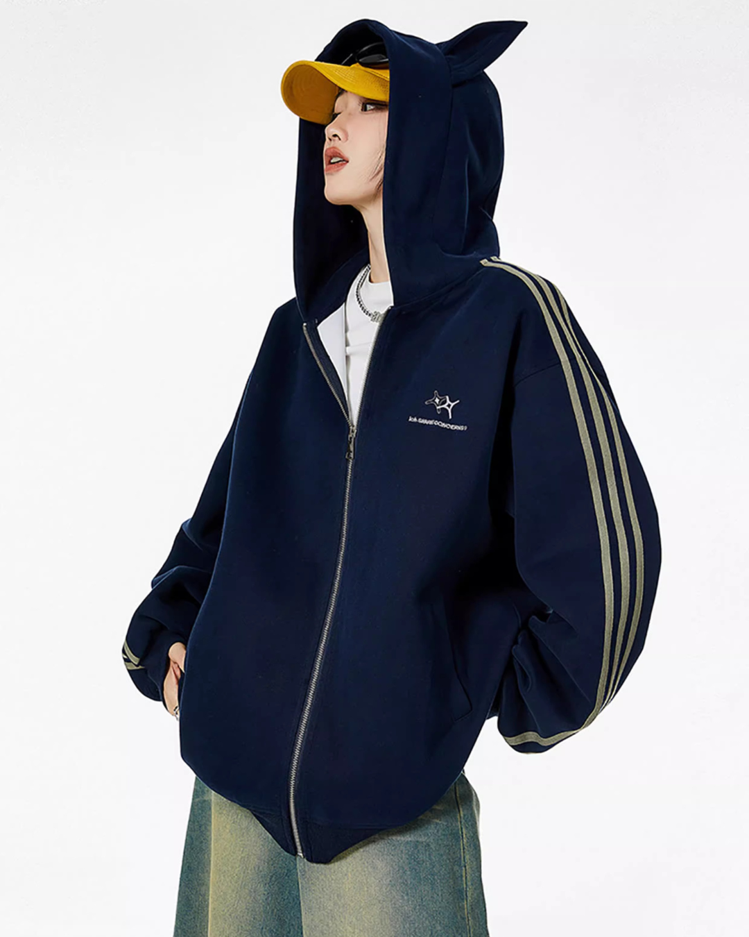 Cat Ear Line Track Zip Hoodie