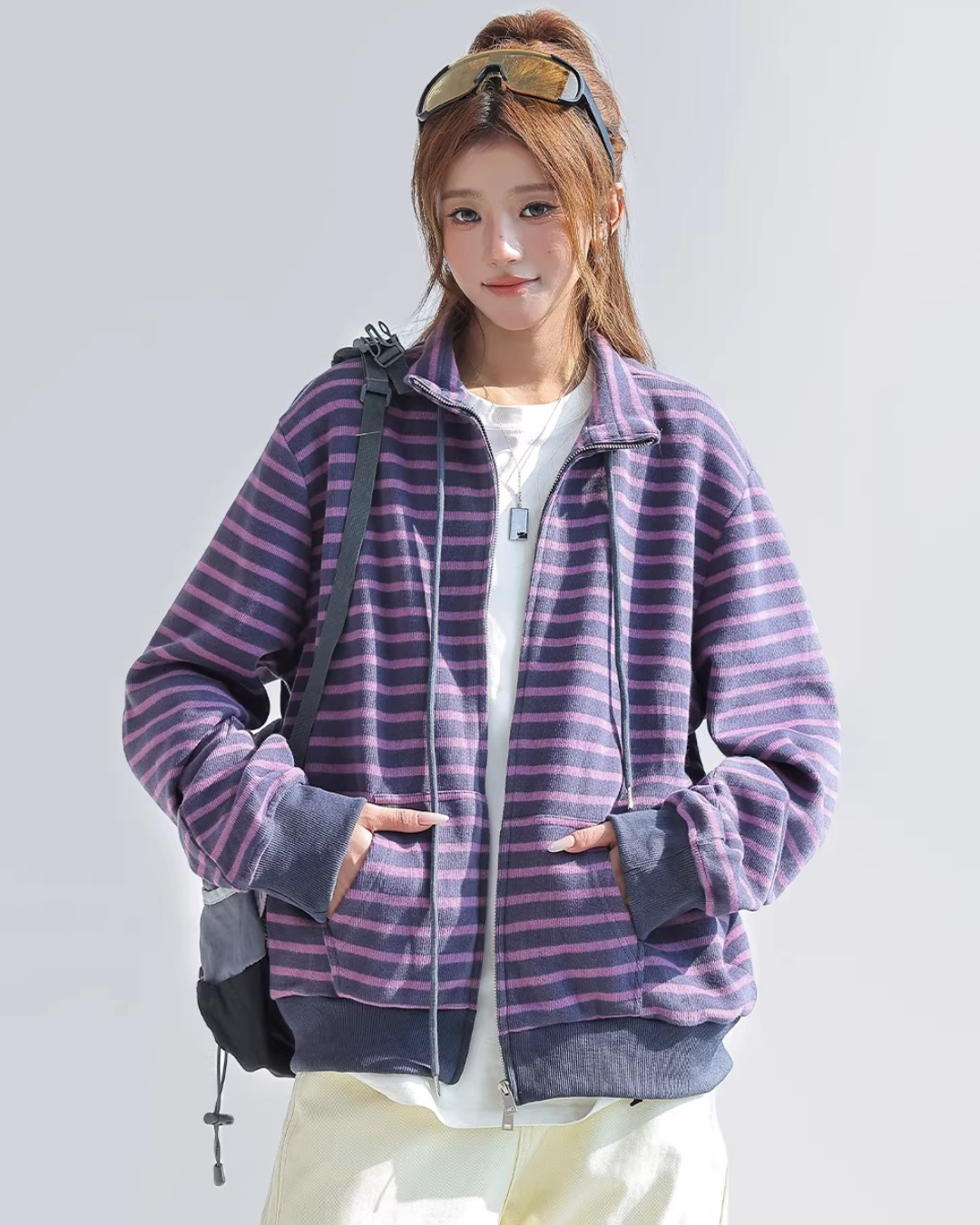 Mono Stripe Zip-Up Hoodie