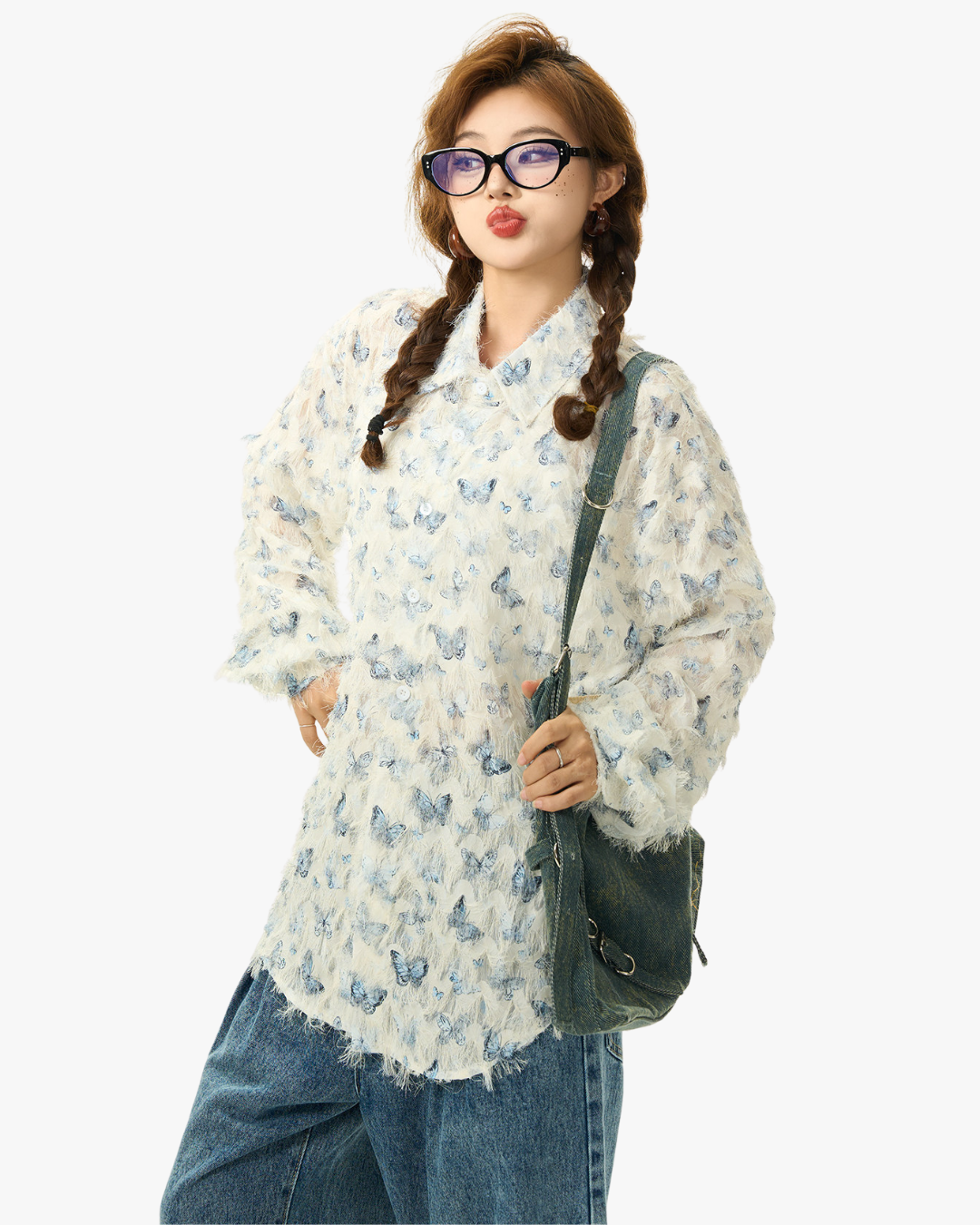 Butterfly Pattern Fringed Tulle Shirt