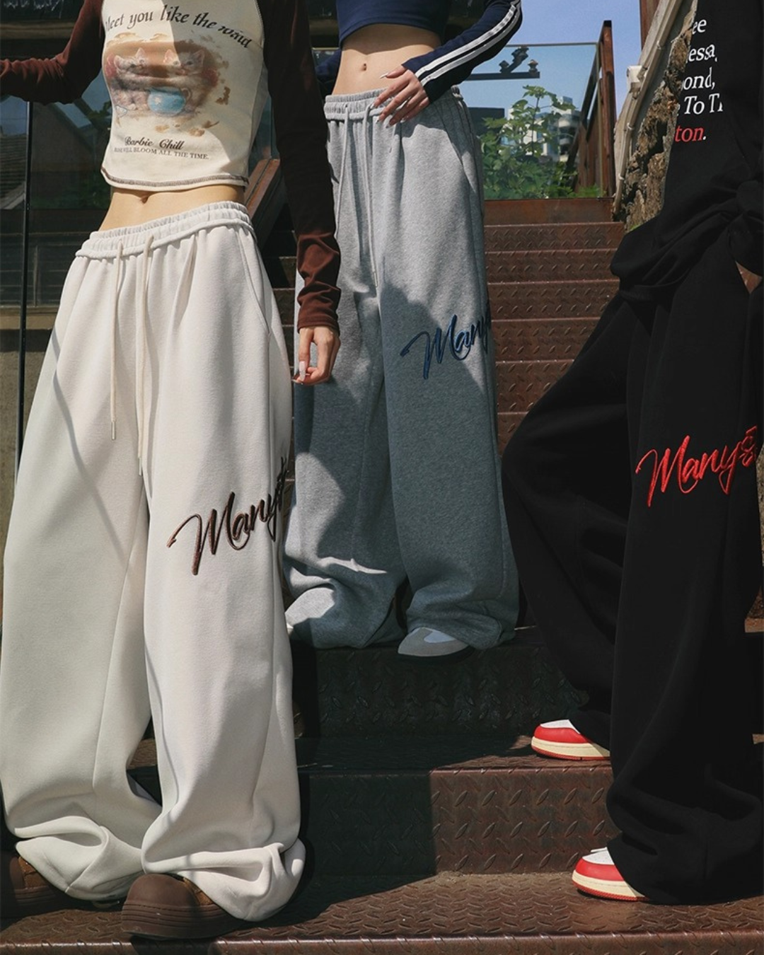 Script Embroidered Wide Pants