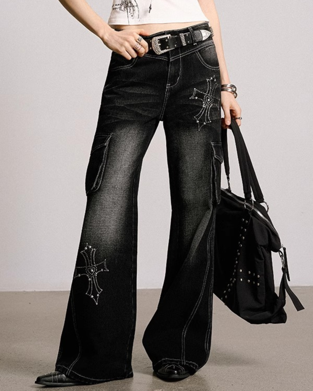 Cross Print Vintage Cargo Flare Jeans