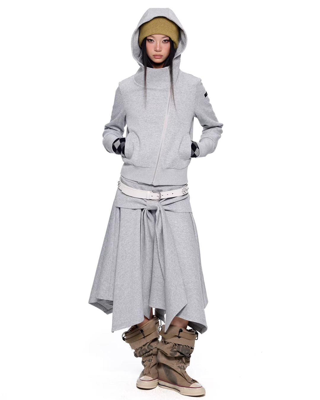 Asymmetric Zip Fleece Hoodie & Tied Drape Skirt