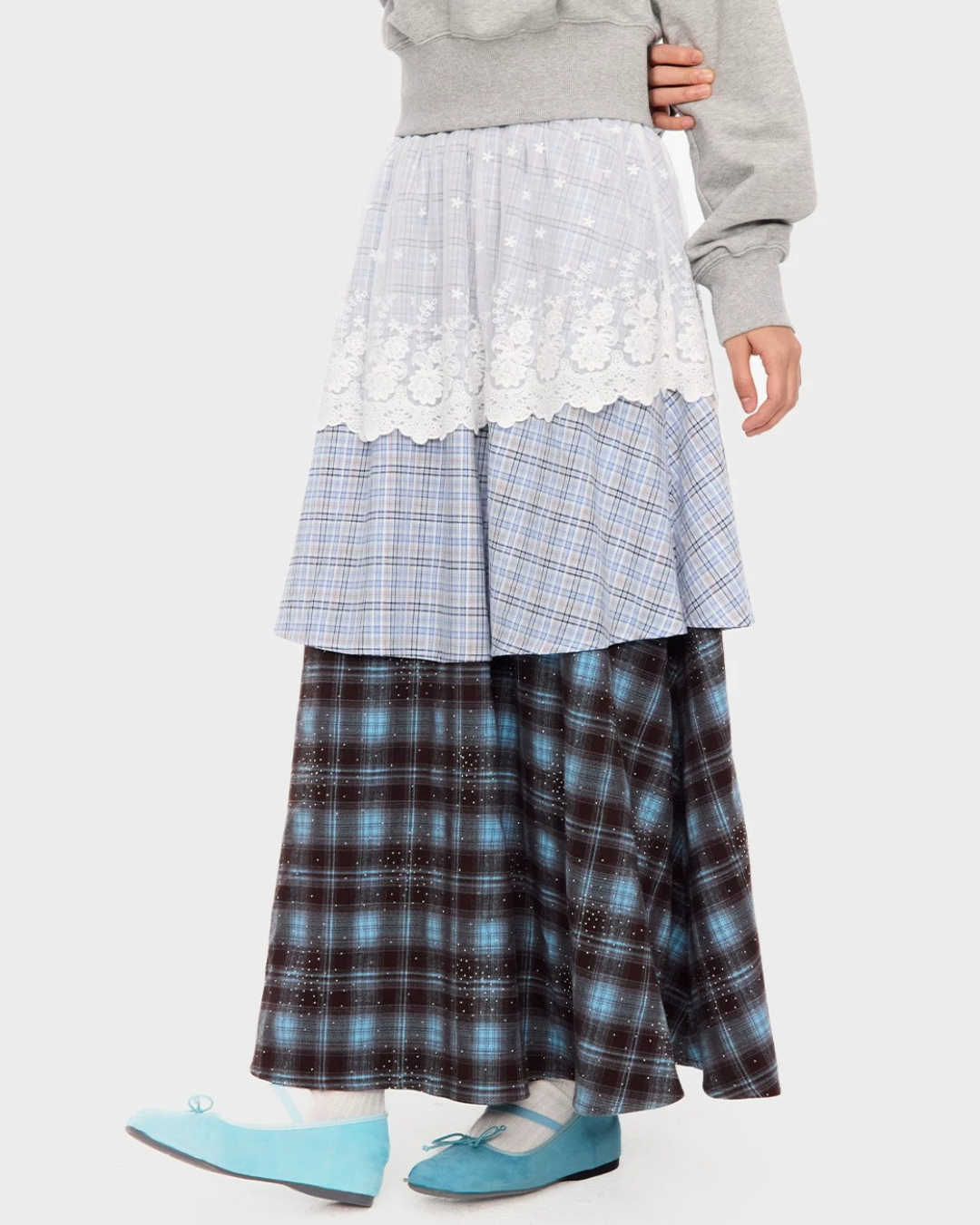 Floral Lace Panel Mixed Plaid Long Skirt