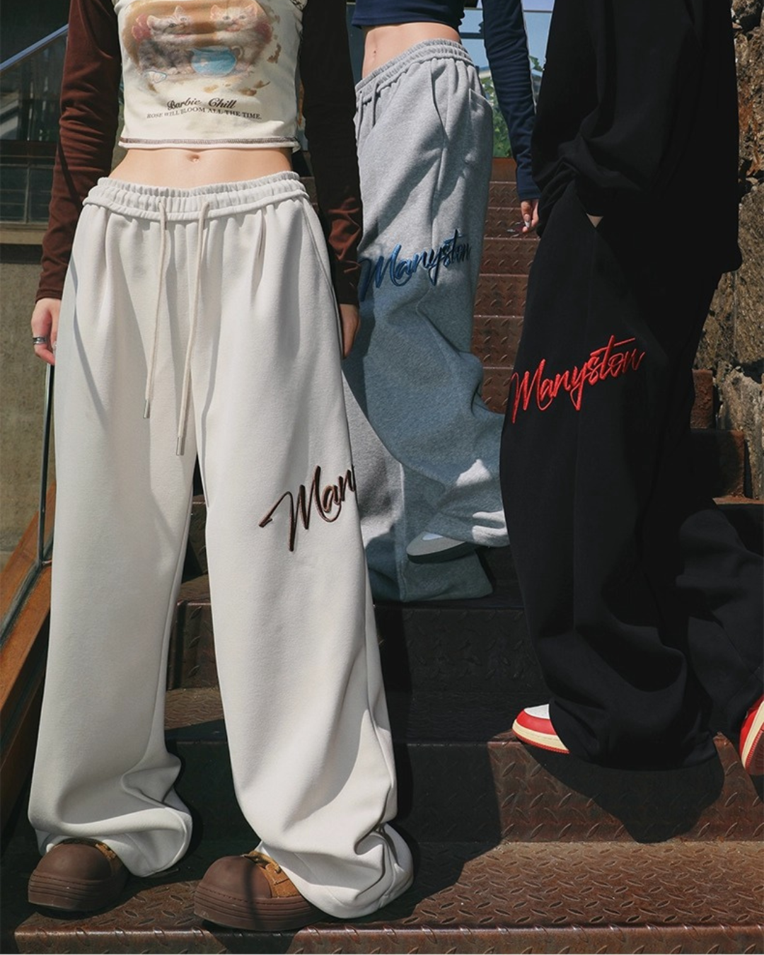 Script Embroidered Wide Pants