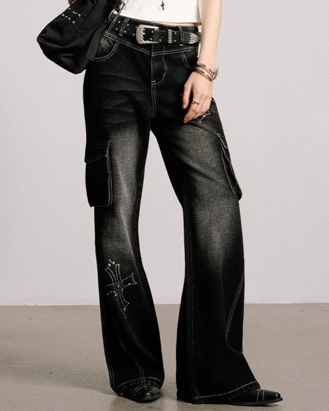 Cross Print Vintage Cargo Flare Jeans