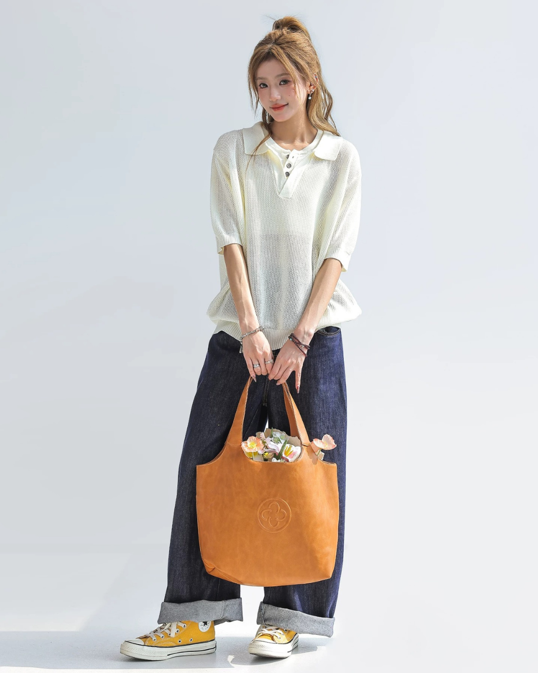 Sheer Mesh Open Collar Knit Top