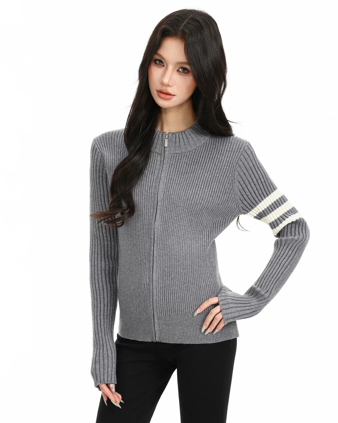 Ribbed Varsity Zip-up Knit