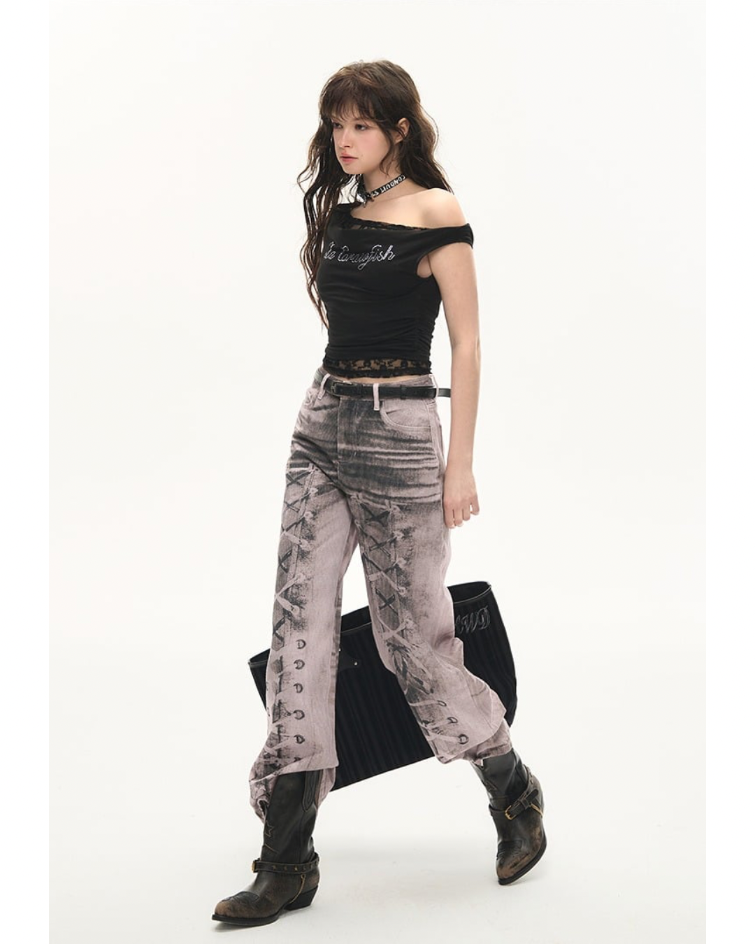 Lace-Up Printed Wide Jeans