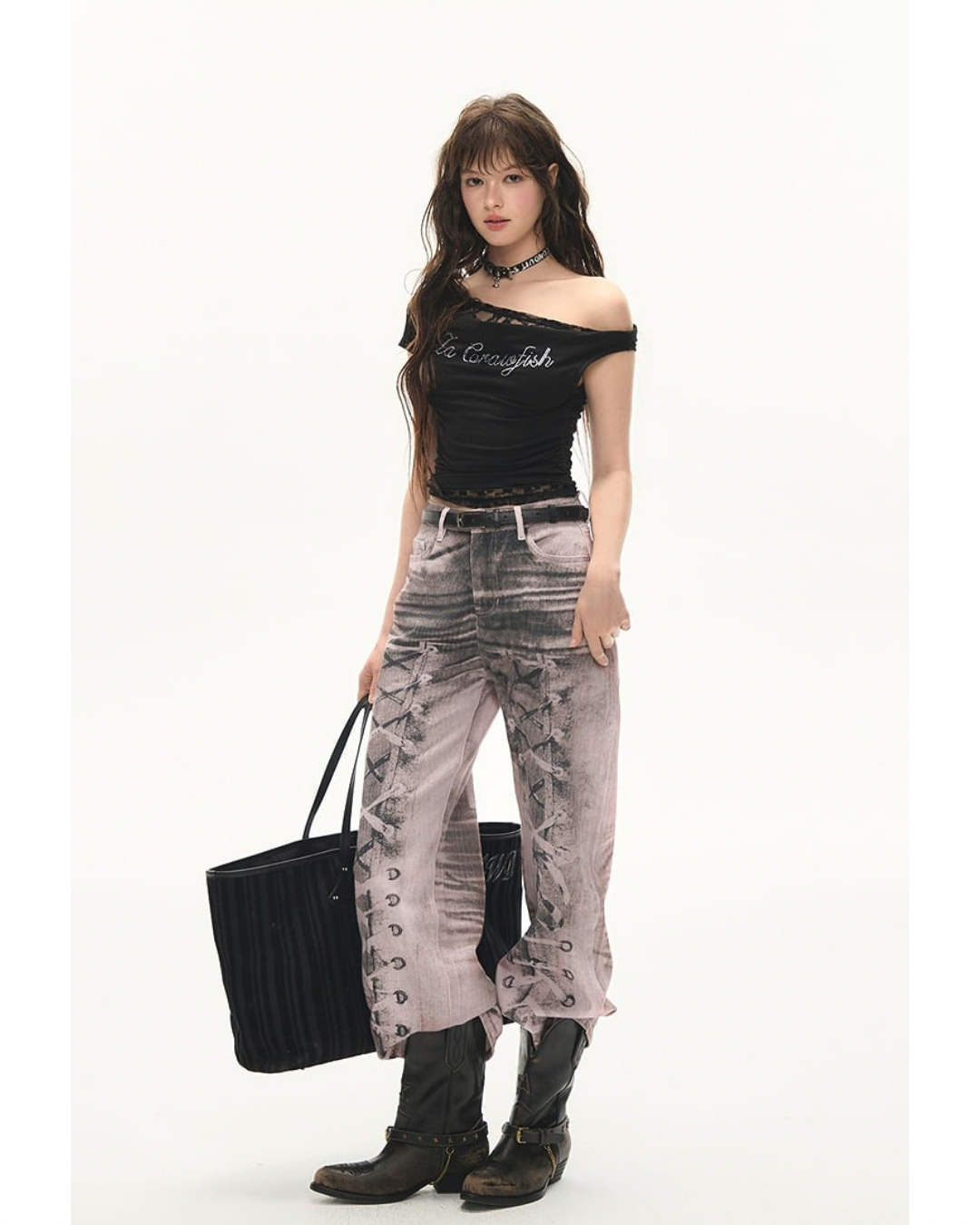 Lace-Up Printed Wide Jeans