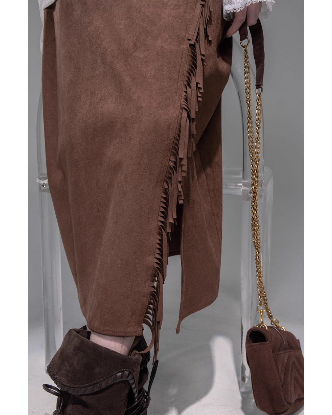Suede Fringe Wrap Skirt