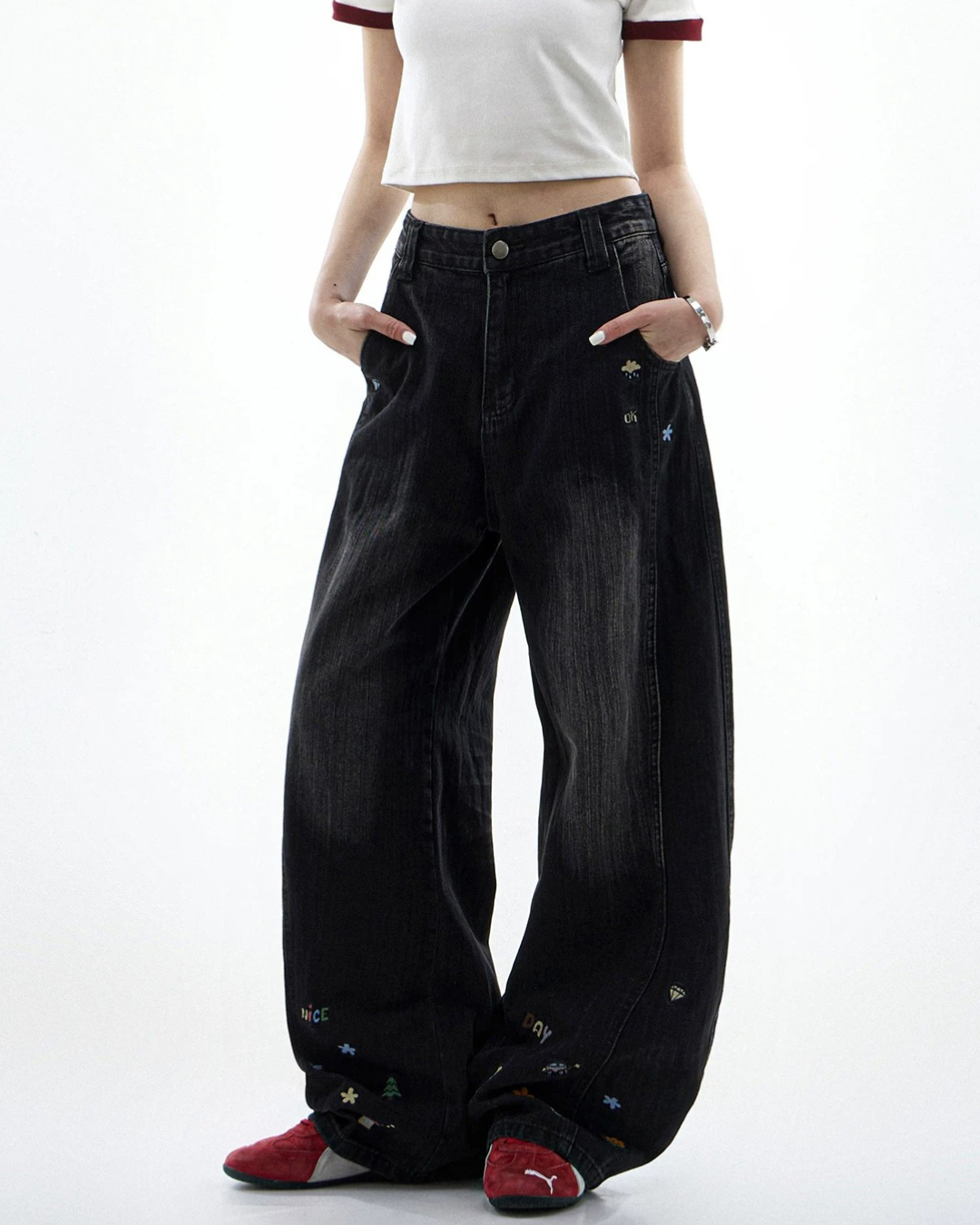 Cartoon Sticker Washed Baggy Jeans
