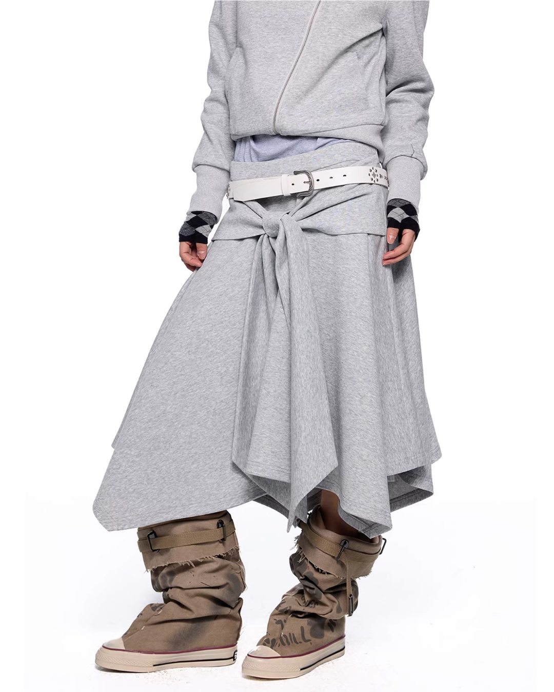 Asymmetric Zip Fleece Hoodie & Tied Drape Skirt