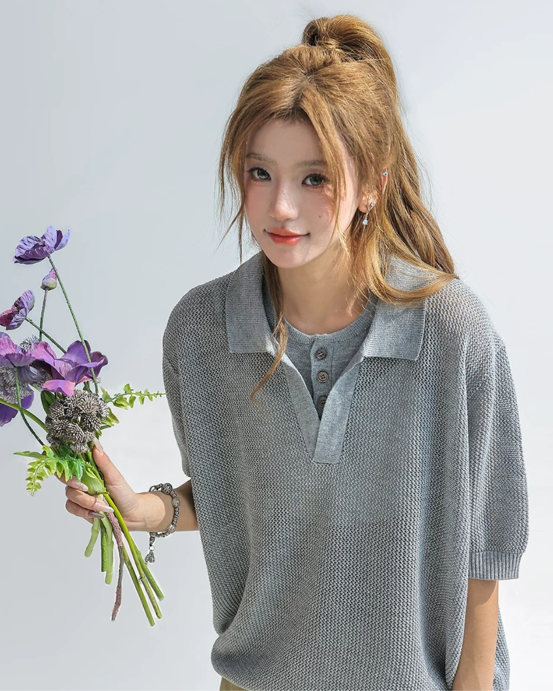 Sheer Mesh Open Collar Knit Top