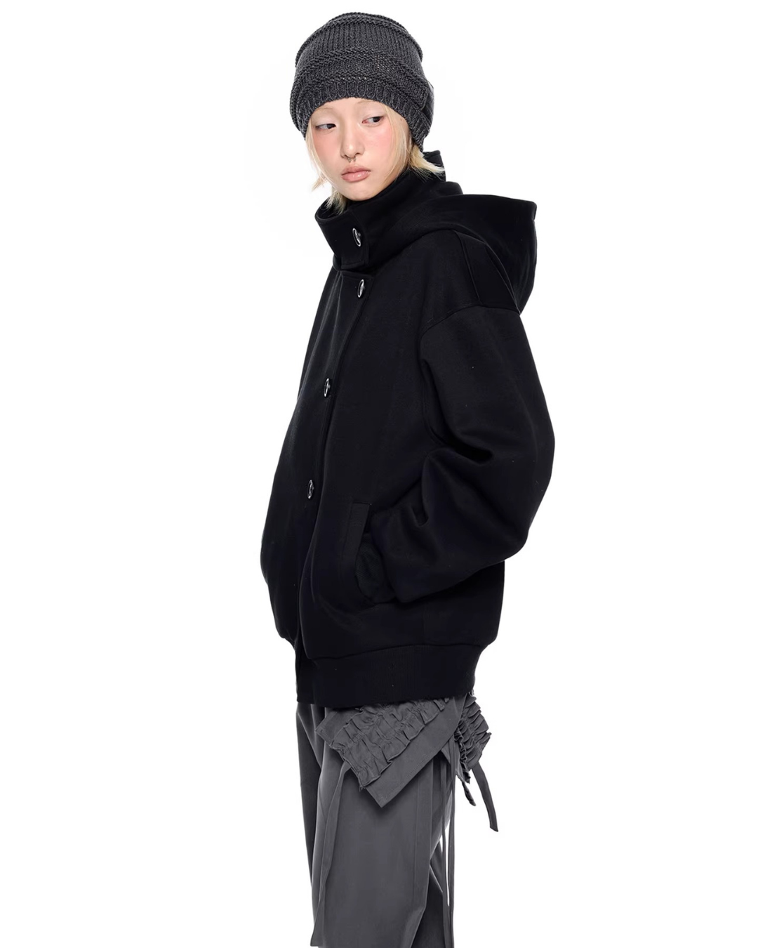 Asymmetric Button Hoodie Jacket