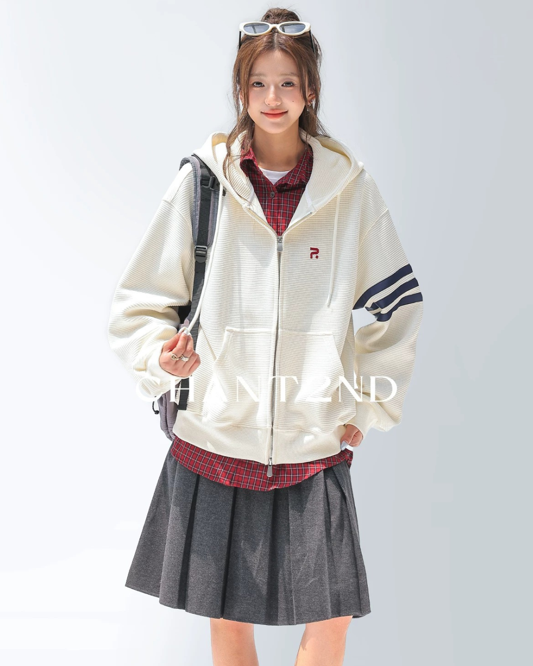Waffle Stripe Zip-Up Hoodie