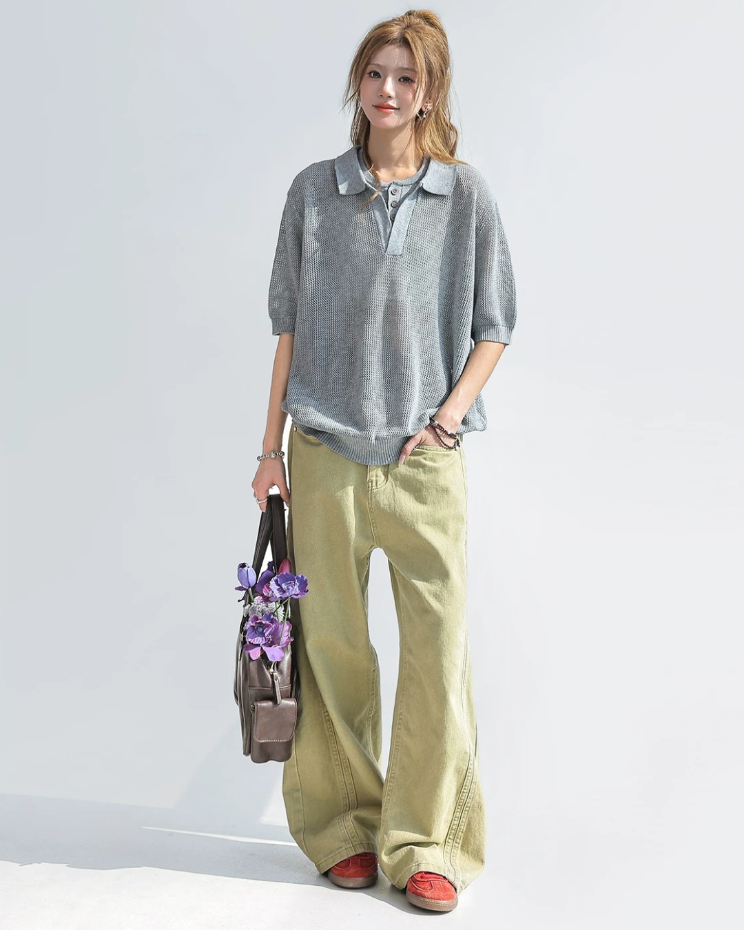 Sheer Mesh Open Collar Knit Top