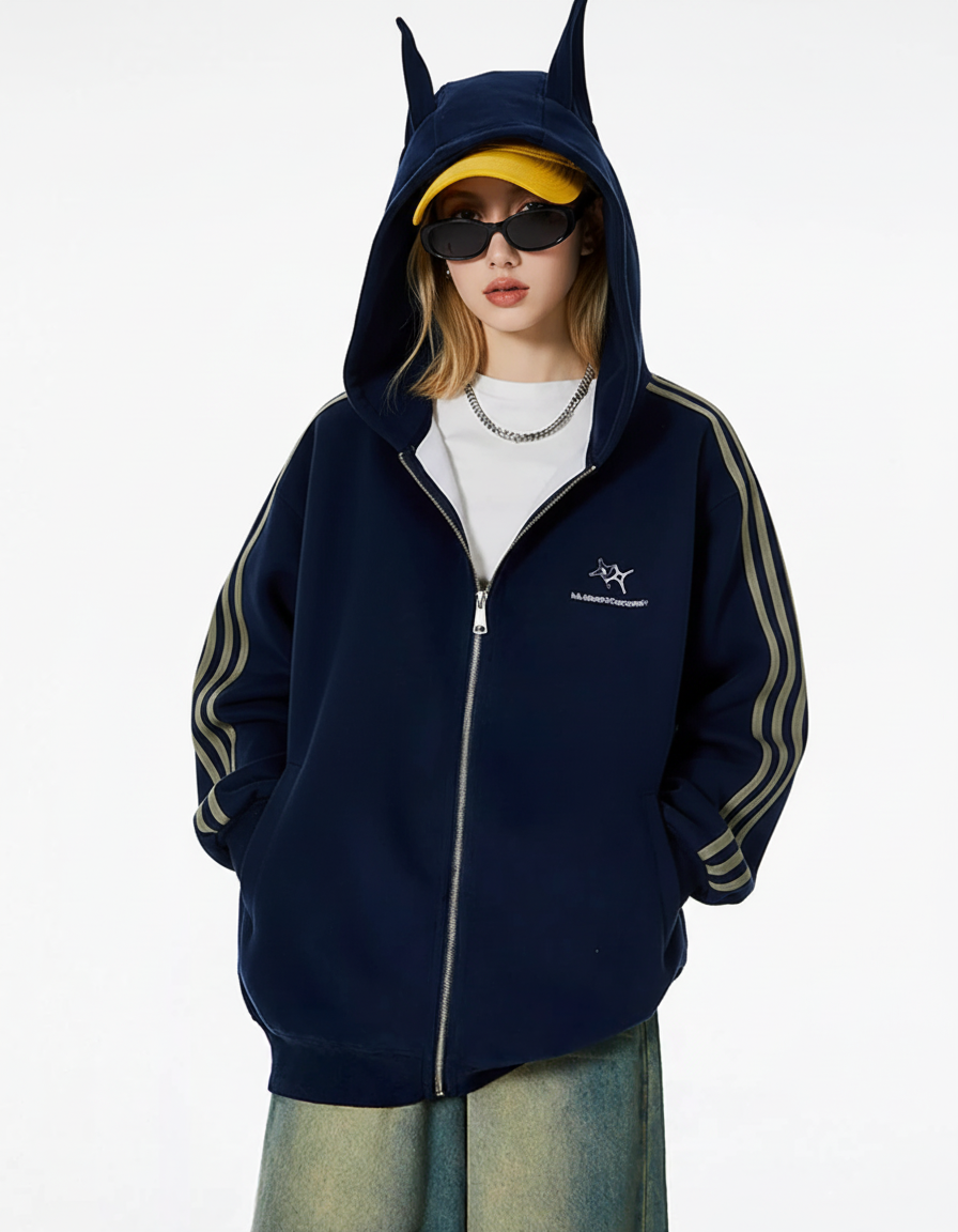 Cat Ear Line Track Zip Hoodie