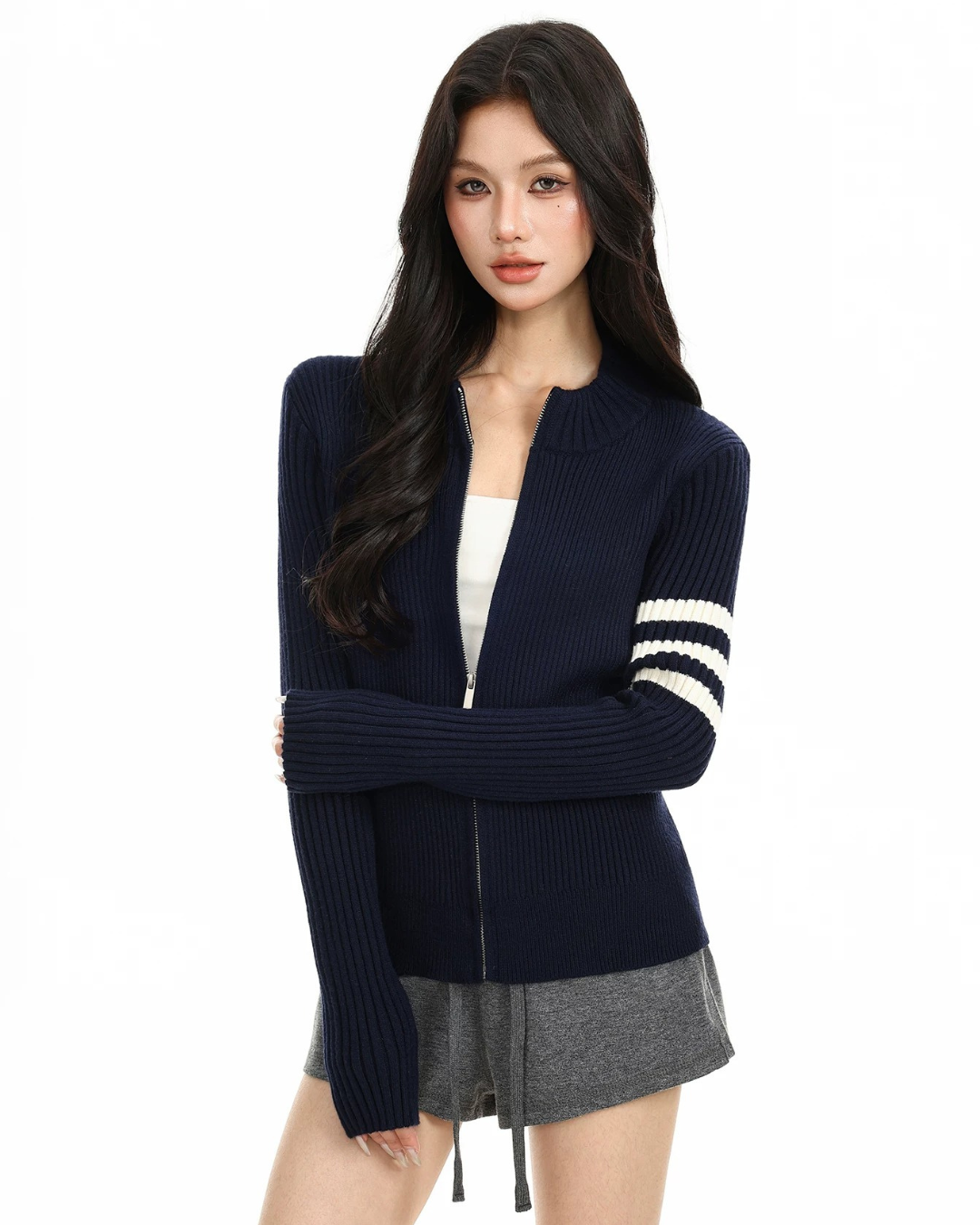 Ribbed Varsity Zip-up Knit