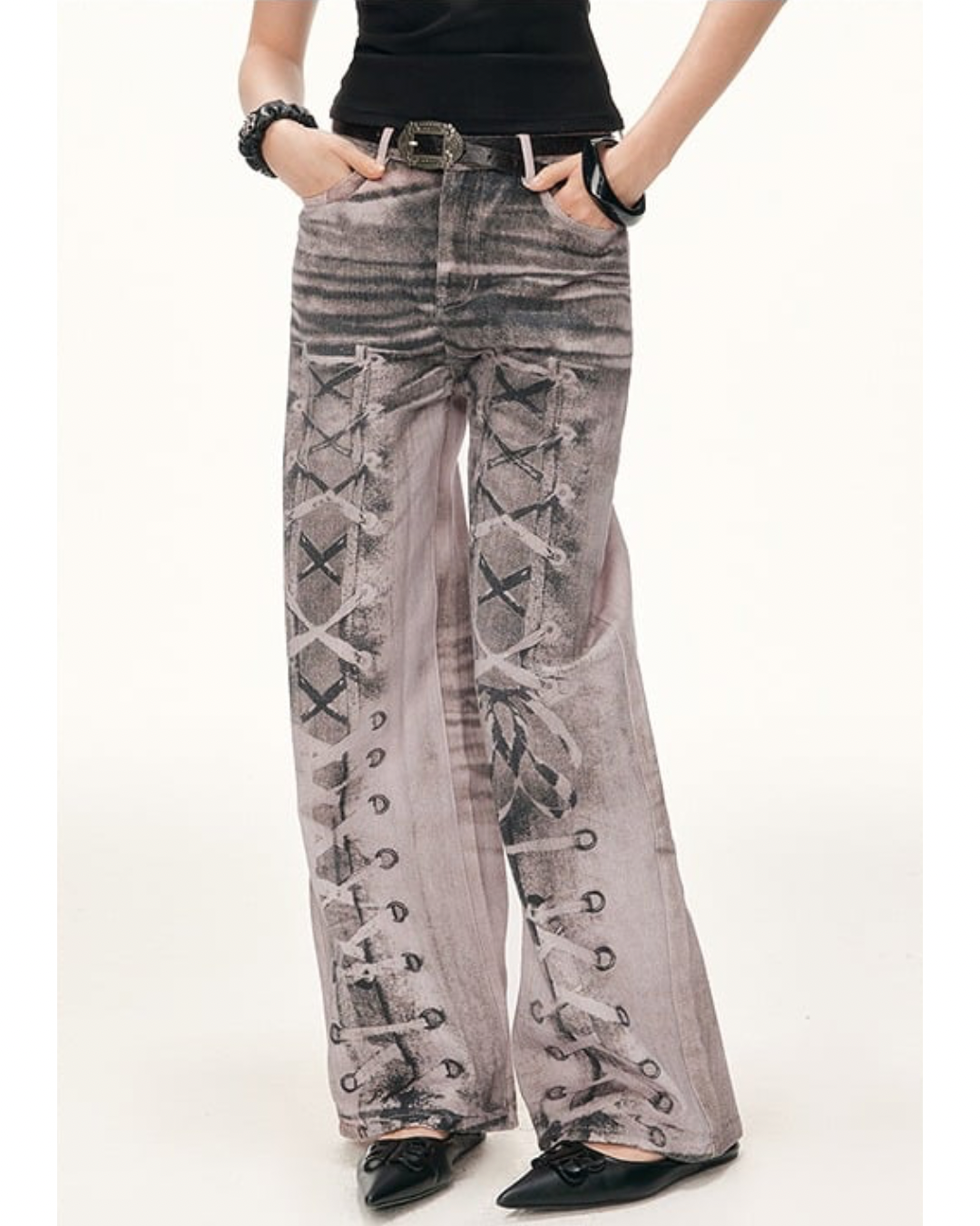 Lace-Up Printed Wide Jeans