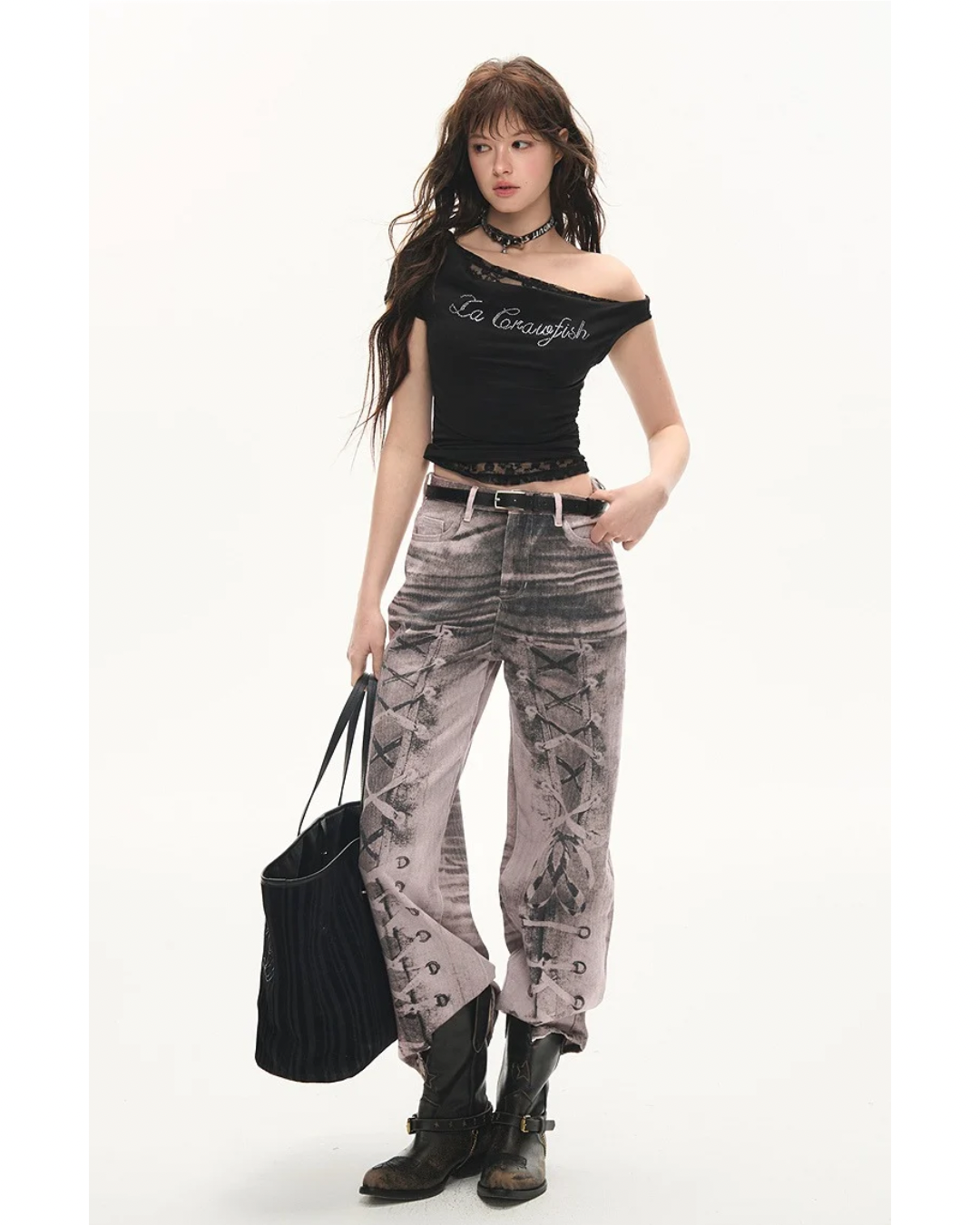 Lace-Up Printed Wide Jeans