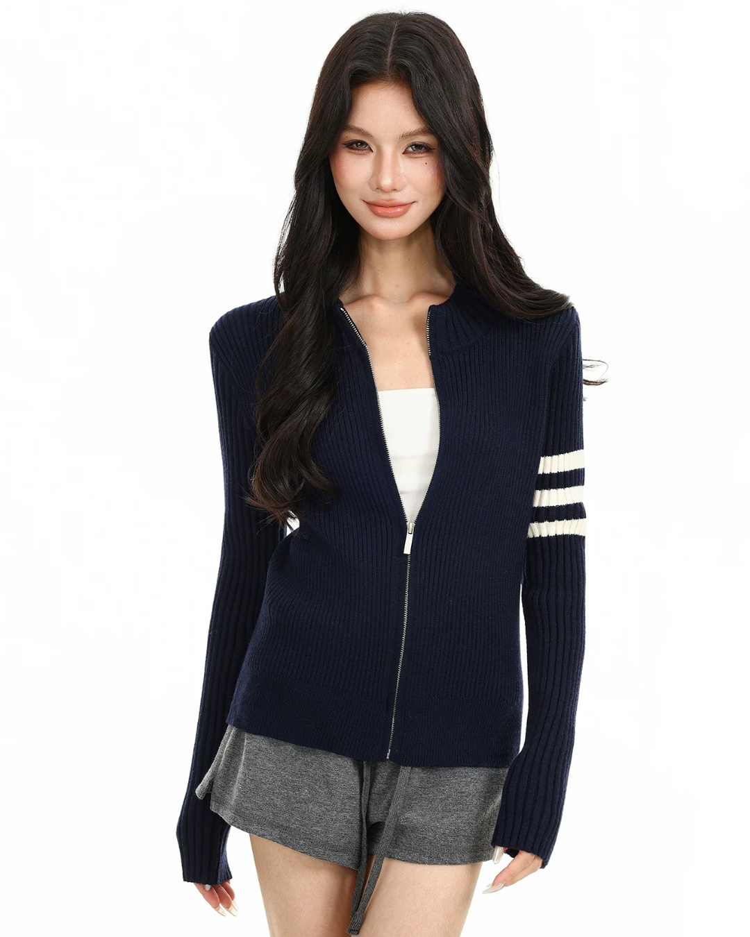 Ribbed Varsity Zip-up Knit
