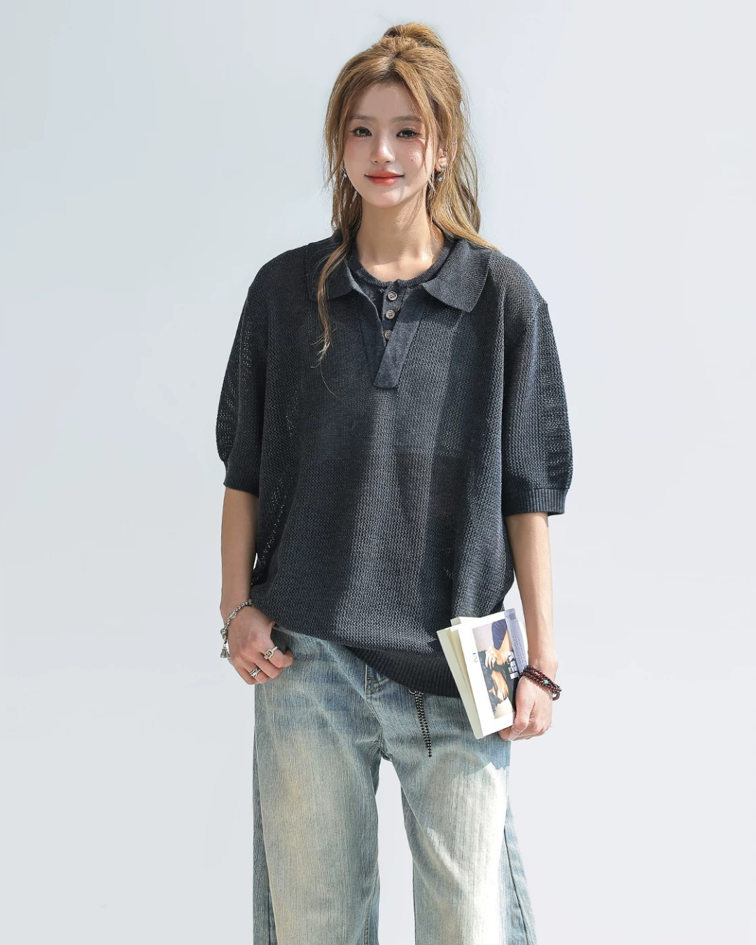 Sheer Mesh Open Collar Knit Top