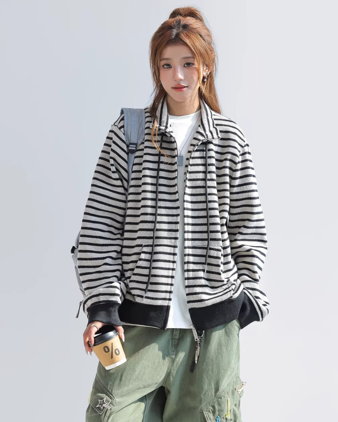 Mono Stripe Zip-Up Hoodie
