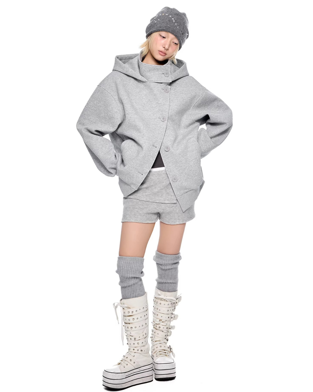 Asymmetric Button Hoodie Jacket