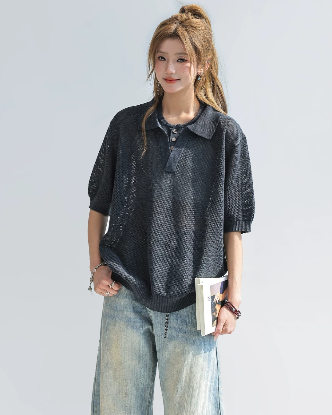 Sheer Mesh Open Collar Knit Top