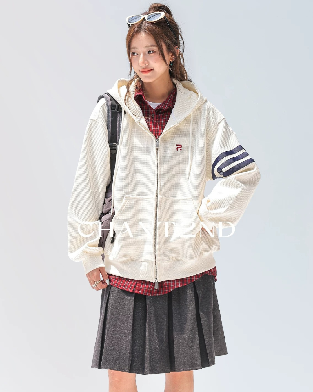 Waffle Stripe Zip-Up Hoodie