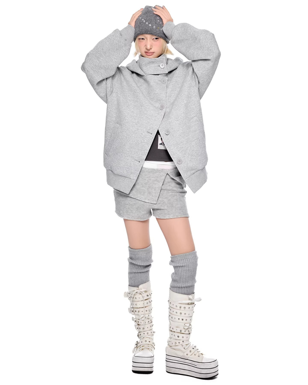 Asymmetric Button Hoodie Jacket