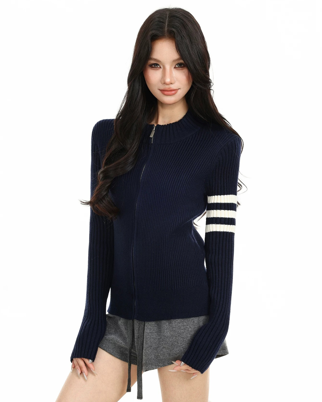 Ribbed Varsity Zip-up Knit