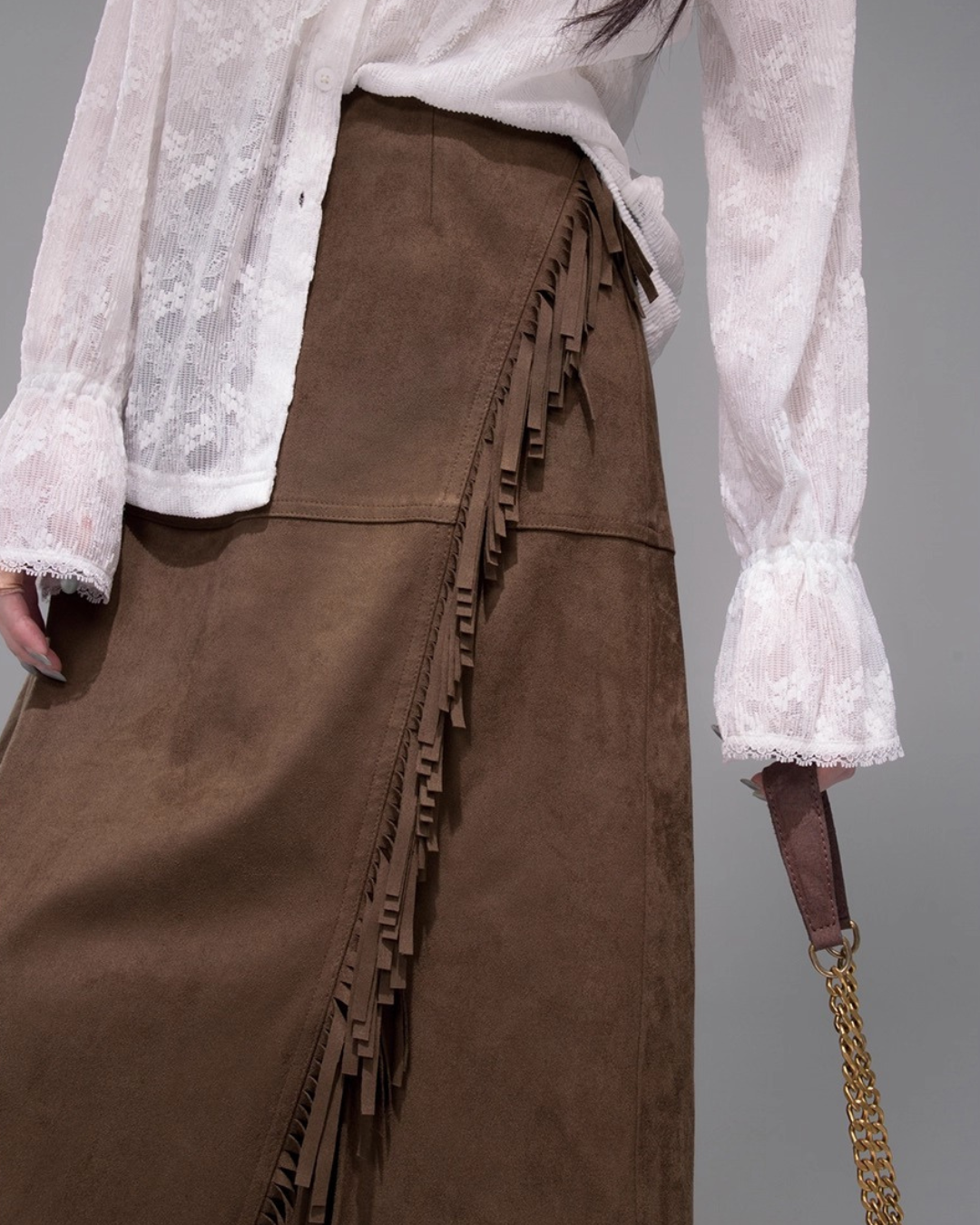 Suede Fringe Wrap Skirt