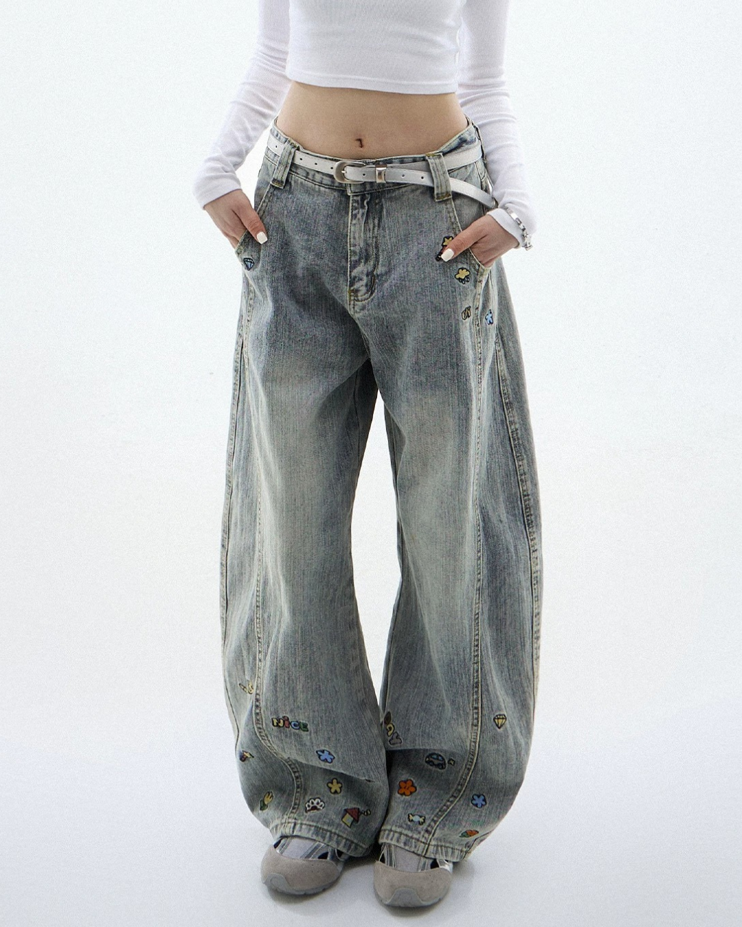 Cartoon Sticker Washed Baggy Jeans