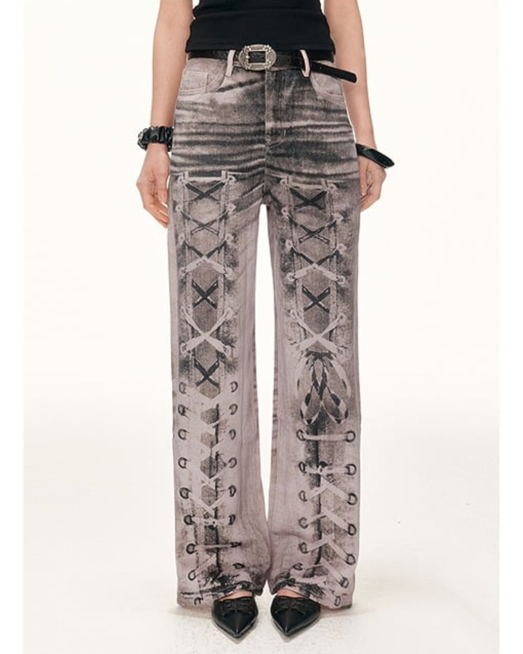 Lace-Up Printed Wide Jeans